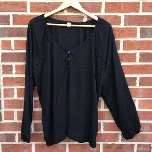 Old Navy Top Womens XXL Black Burnout Knit Crochet Detail Henley Vneck
